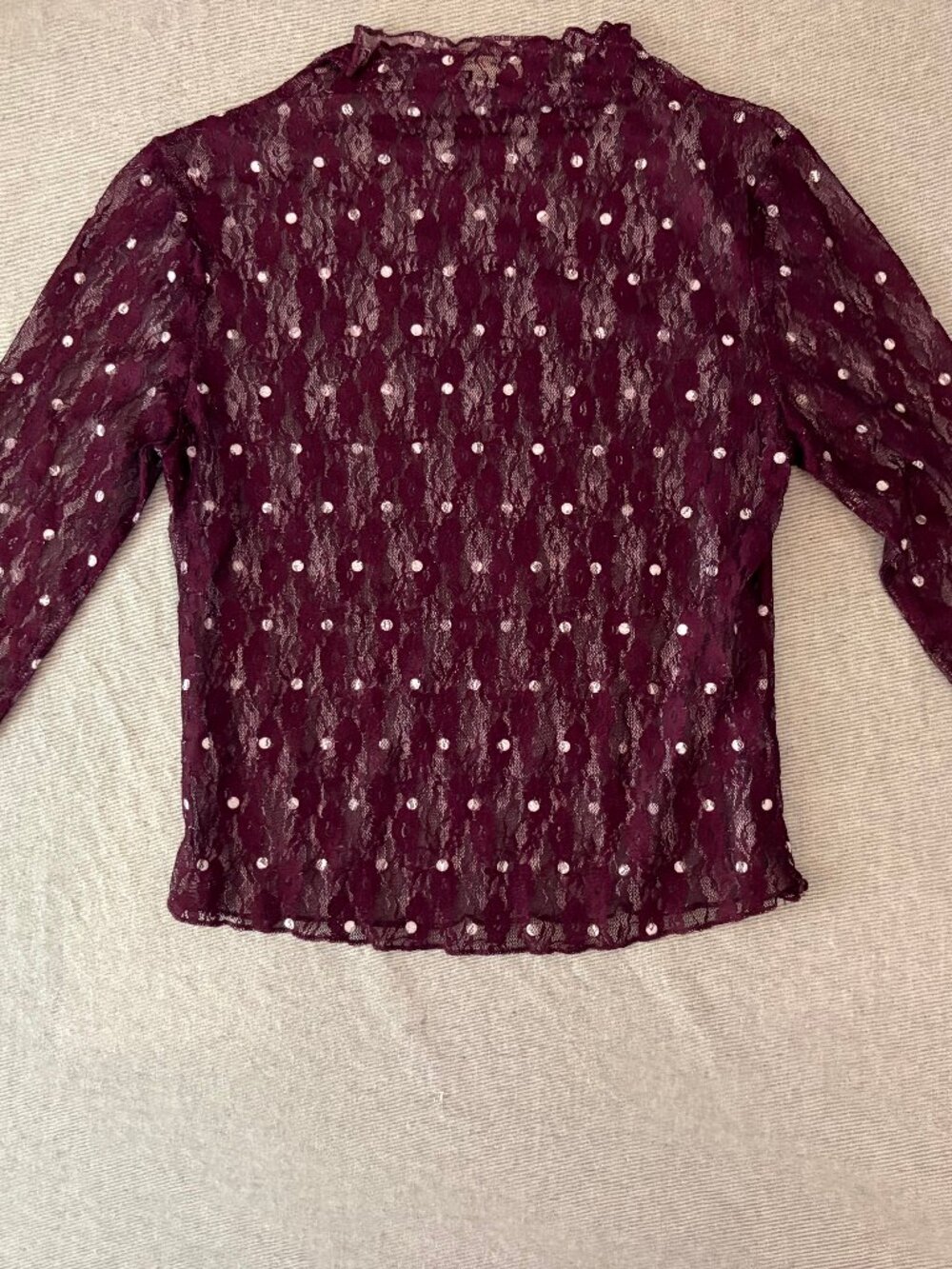 NWT Moa Moa Maroon Sheer Lace Polka Dot Mock Neck Top M